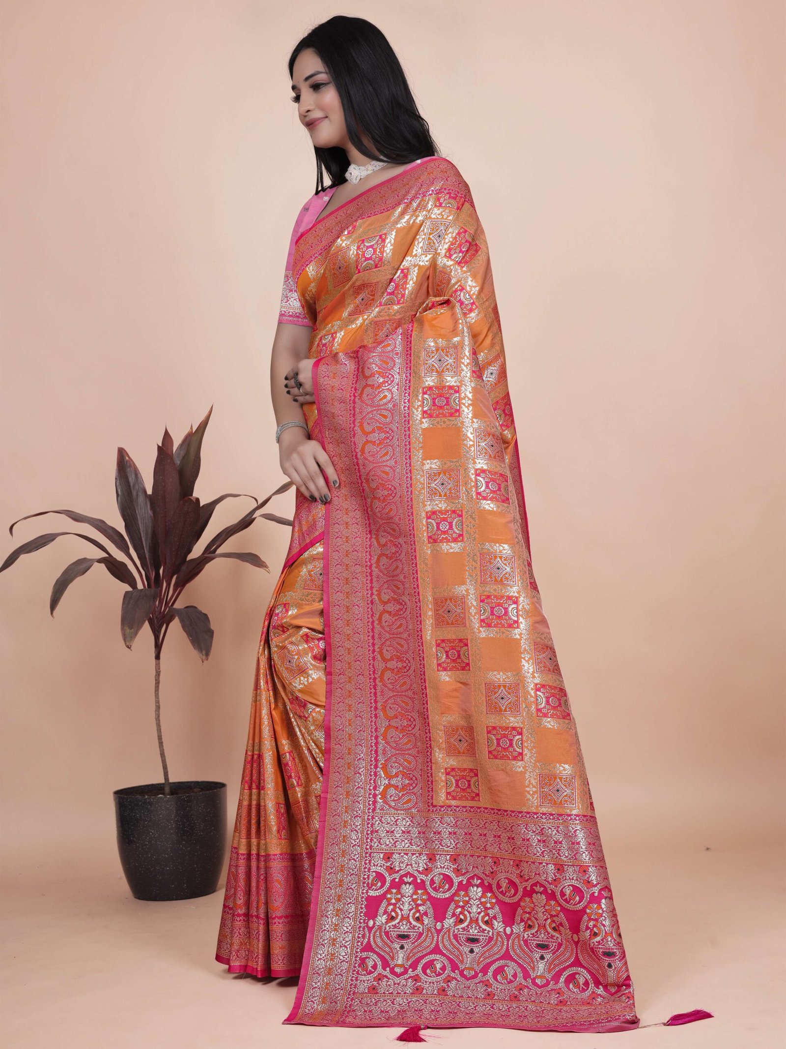 Orange & Pink Banarasi Silk Saree with Silver Zari | Wedding & Festive Saree | Traditional Banarasi Saree with Rich Contrast Pallu