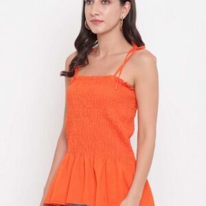 Women's Rayon Solid Casual Summer Style Tie Shoulder Straps Free Size Tank Top (Orange)