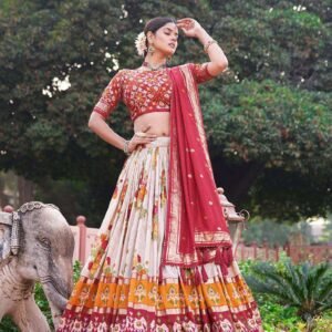 White Tussar Silk Lehenga Choli with Red Blouse | Patola Print & Foil Work | Wedding & Festive Wear