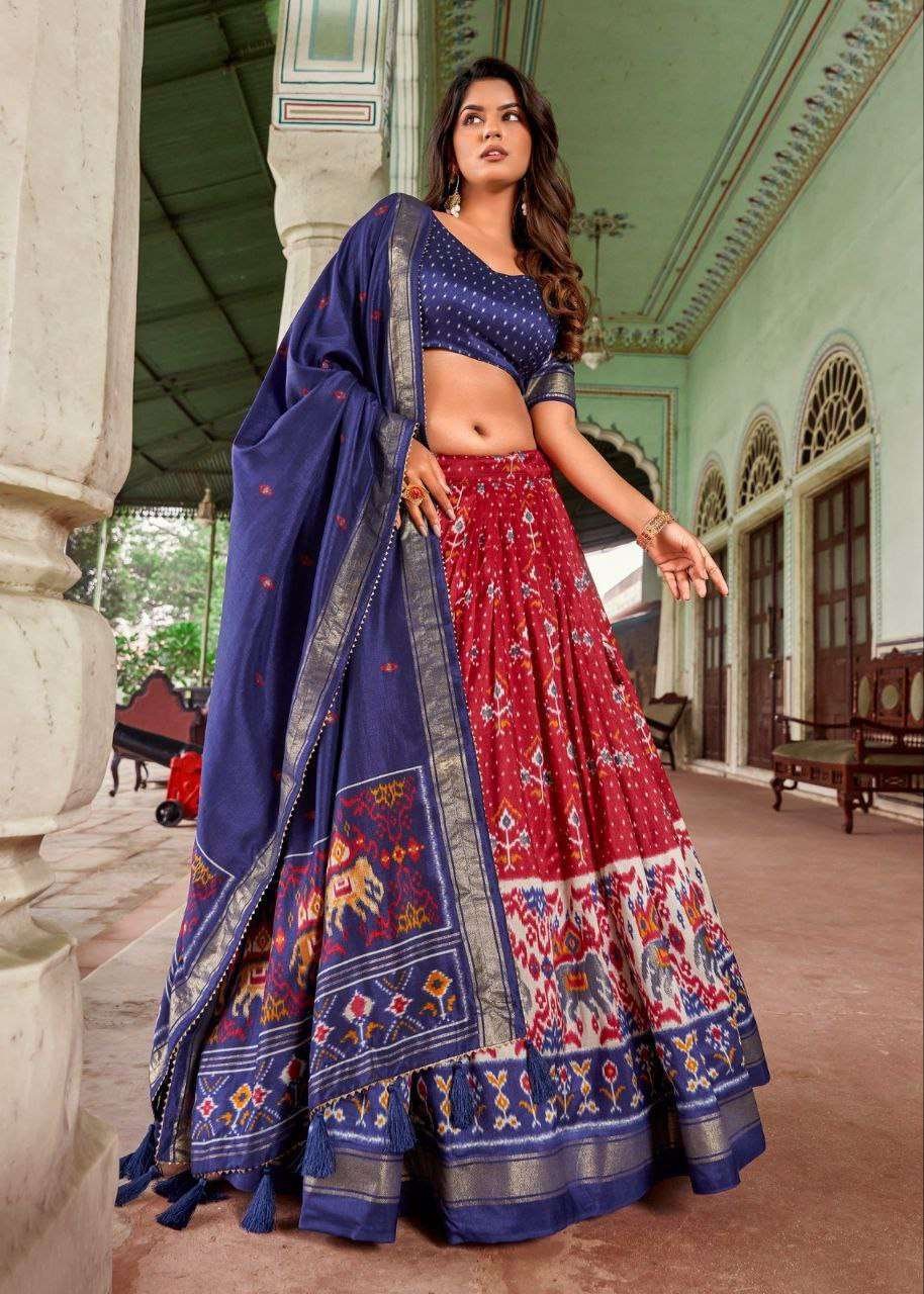 Maroon Tussar Silk Lehenga Choli with Navy Blue Blouse | Minakari & Foil Print | Wedding & Festive Wear