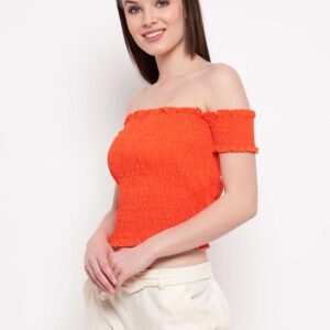 Women's Rayon Solid Off-Shoulder Smocked Crop Top Short Sleeve Casual Styles Tank Top (FREE SIZE) Multi25