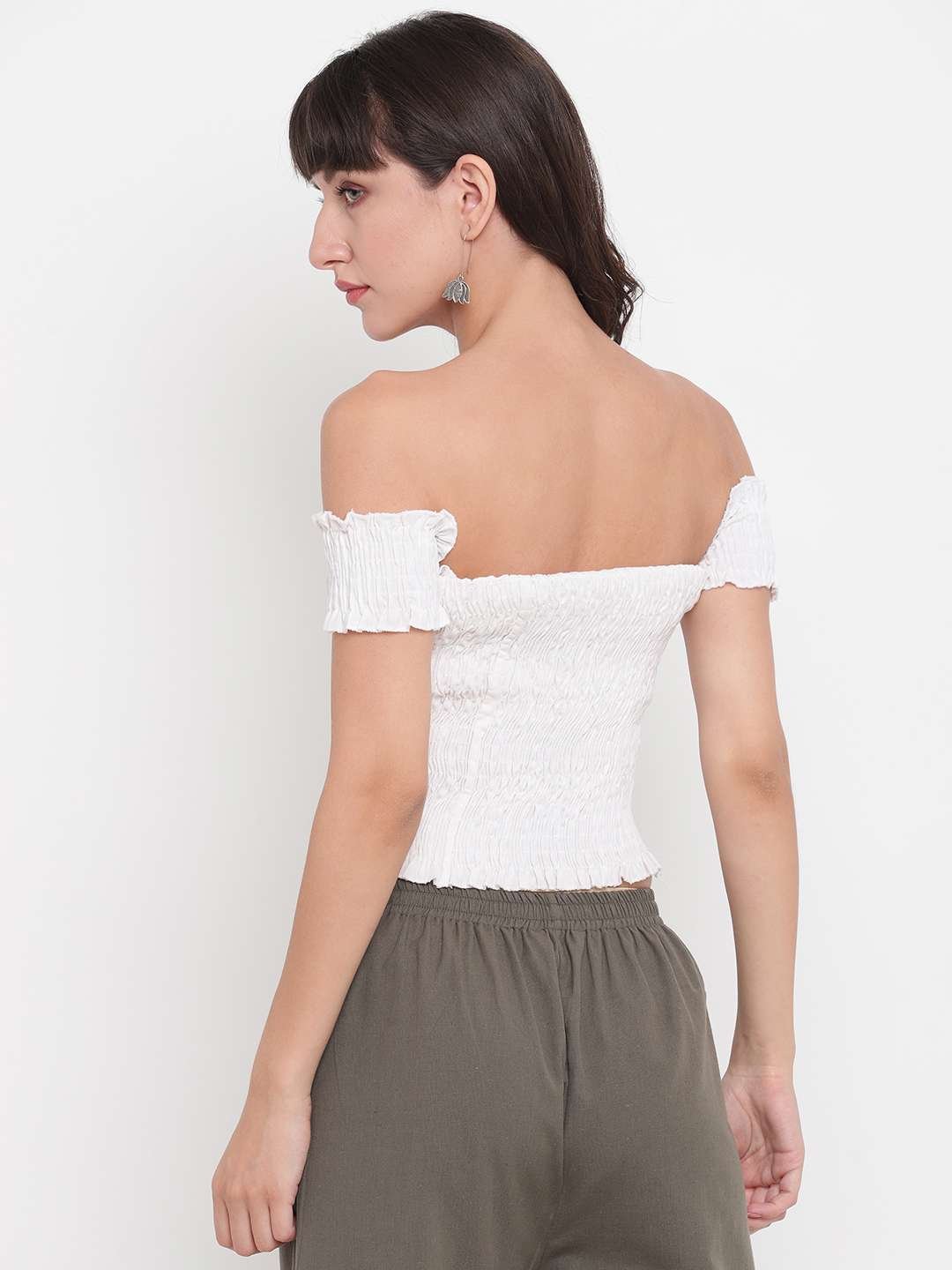 Women's Rayon Solid Off-Shoulder Smocked Crop Top Short Sleeve Casual Styles Tank Top (FREE SIZE) Multi30 - Image 3