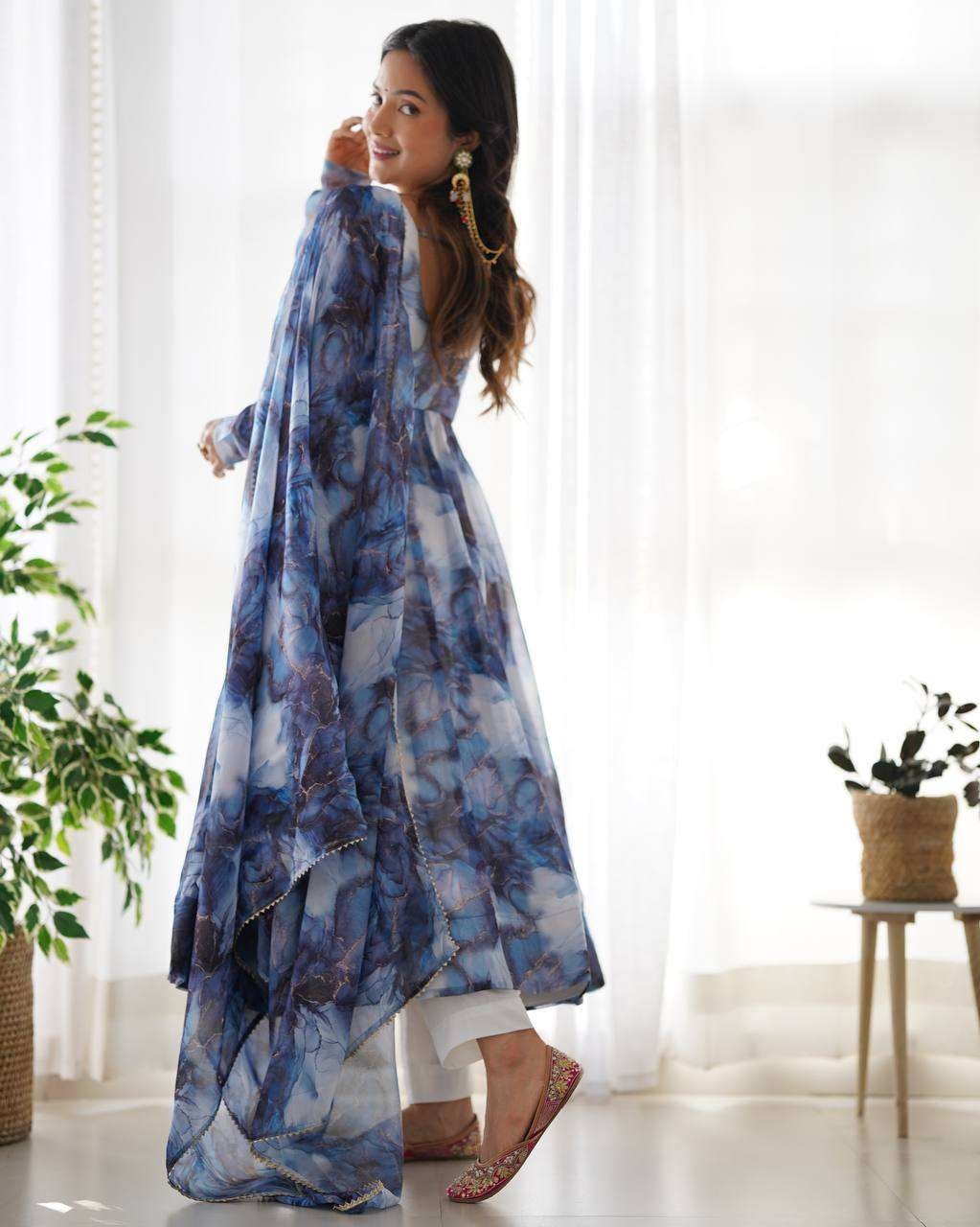 Womens Crunchy Silk Anarkali Kurti with Pant & Dupatta Set - Image 3
